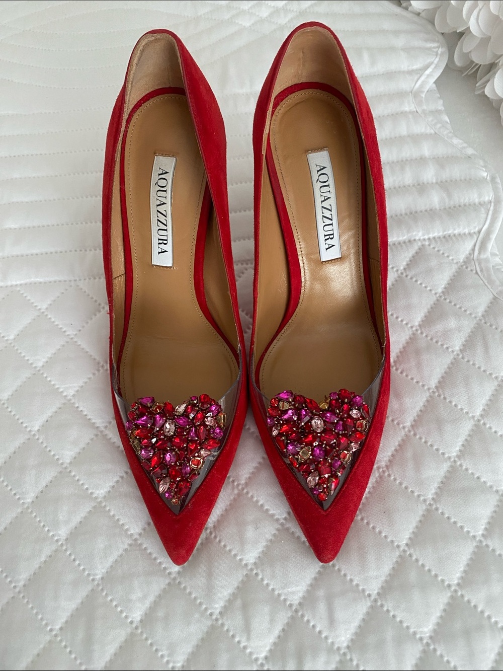 Aquazzura Red Suede Pointed Toe Heels with Pink and Red Jeweled Heart